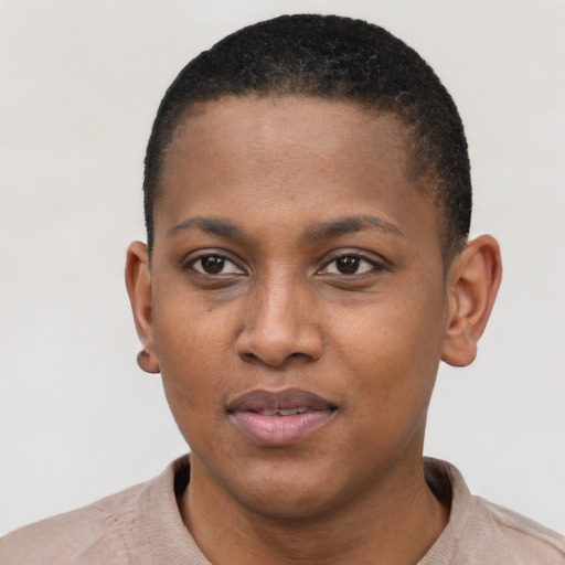 Neutral black young-adult female with short  black hair and brown eyes