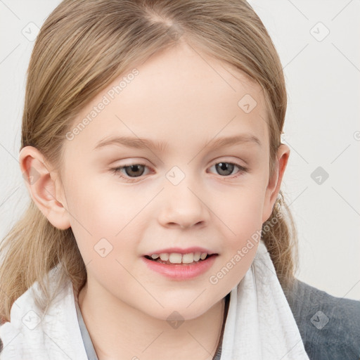 Joyful white child female with medium  brown hair and blue eyes