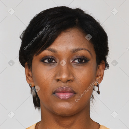 Neutral asian young-adult female with short  black hair and brown eyes