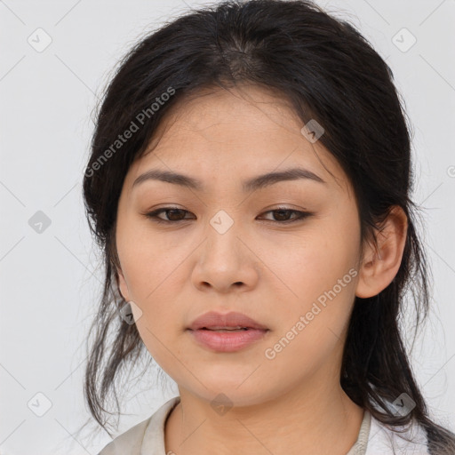 Neutral asian young-adult female with medium  brown hair and brown eyes