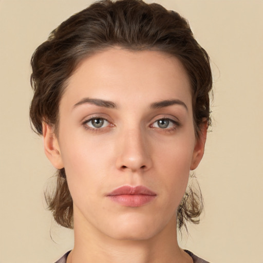 Neutral white young-adult female with short  brown hair and brown eyes