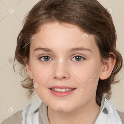 Joyful white child female with medium  brown hair and brown eyes