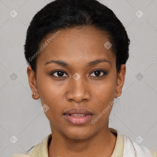 Neutral latino young-adult female with short  black hair and brown eyes