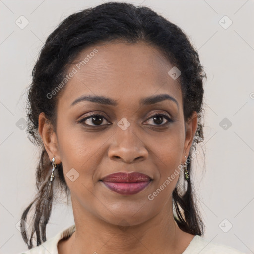 Joyful black young-adult female with medium  brown hair and brown eyes