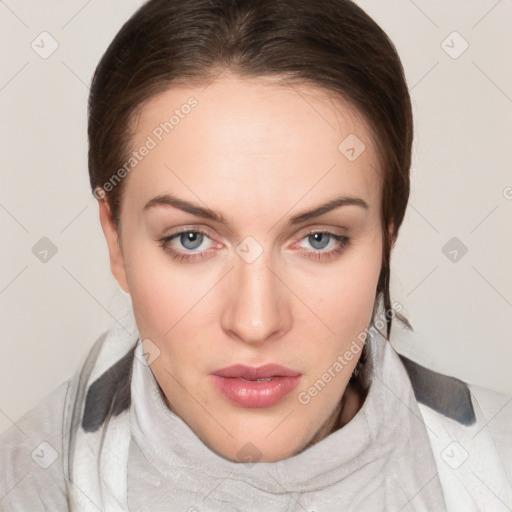 Neutral white young-adult female with medium  brown hair and grey eyes