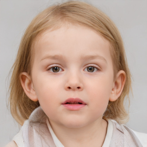 Neutral white child female with medium  brown hair and blue eyes