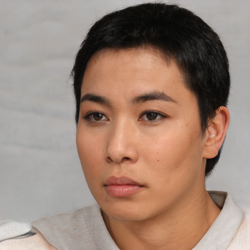 Neutral asian young-adult female with short  black hair and brown eyes