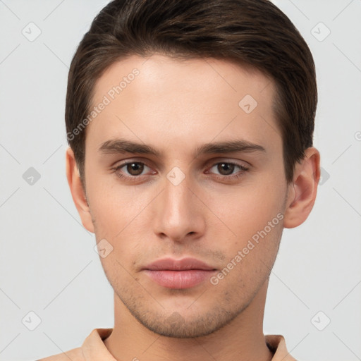 Neutral white young-adult male with short  brown hair and brown eyes