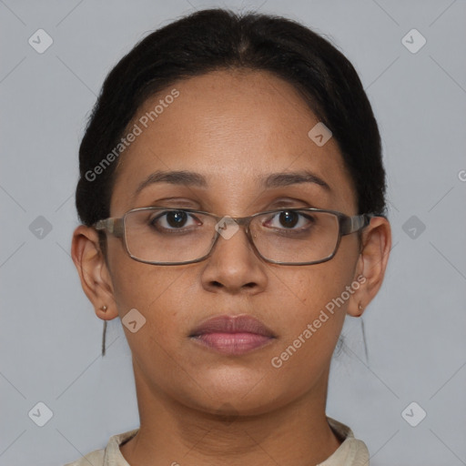 Neutral asian young-adult female with short  brown hair and brown eyes