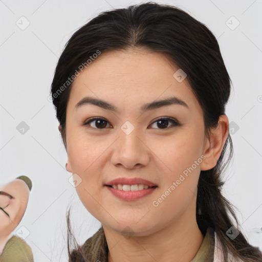 Joyful white young-adult female with medium  brown hair and brown eyes