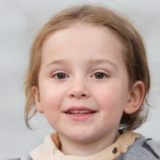 Joyful white child female with medium  brown hair and blue eyes