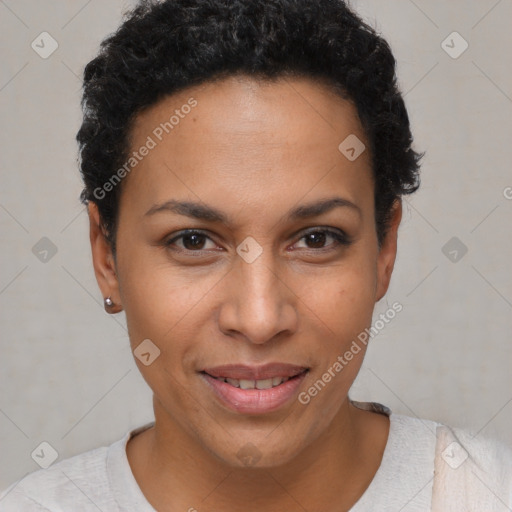 Joyful latino young-adult female with short  black hair and brown eyes