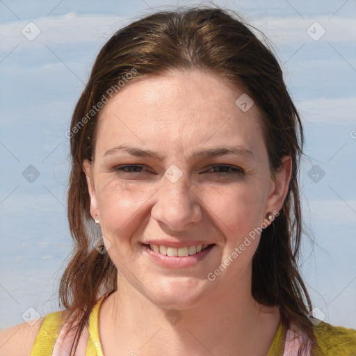 Joyful white young-adult female with medium  brown hair and blue eyes