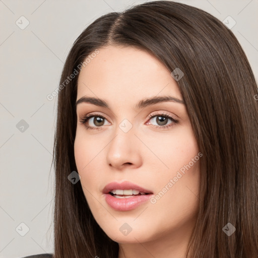 Neutral white young-adult female with long  brown hair and brown eyes