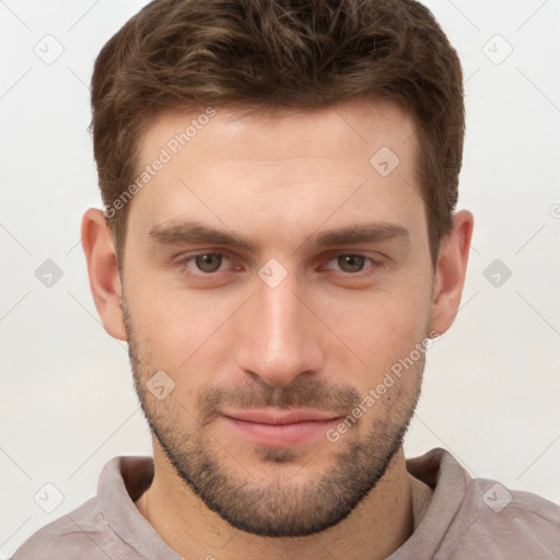 Neutral white young-adult male with short  brown hair and grey eyes