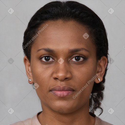 Neutral black young-adult female with short  brown hair and brown eyes