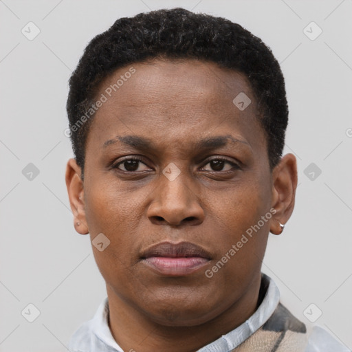Joyful black young-adult male with short  brown hair and brown eyes