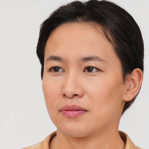 Neutral asian young-adult female with short  brown hair and brown eyes