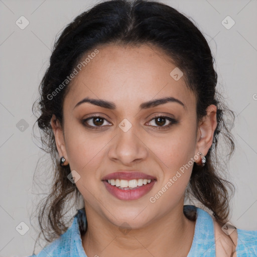 Joyful latino young-adult female with medium  brown hair and brown eyes