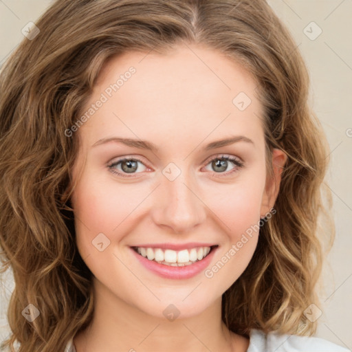 Joyful white young-adult female with long  brown hair and green eyes