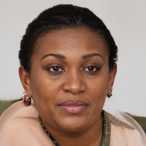 Joyful black adult female with short  brown hair and brown eyes
