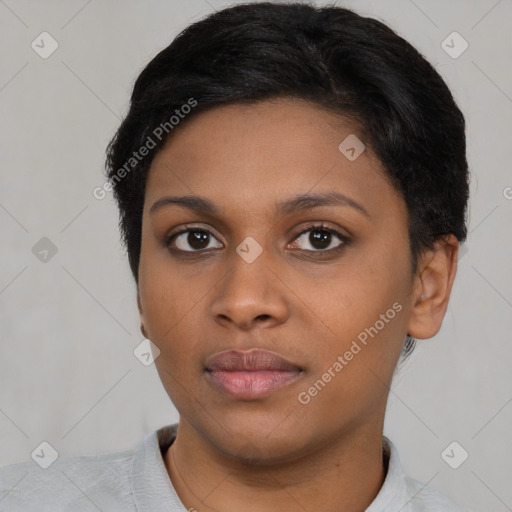 Neutral black young-adult female with short  black hair and brown eyes