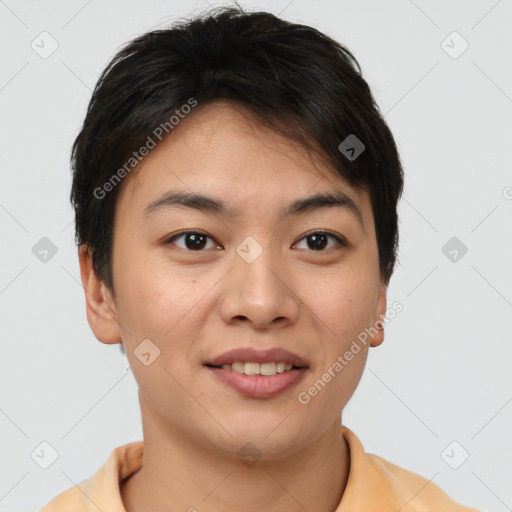 Joyful asian young-adult female with short  brown hair and brown eyes