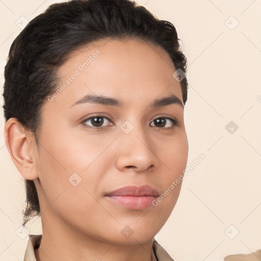 Neutral white young-adult female with medium  brown hair and brown eyes