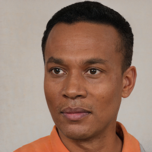 Joyful black young-adult male with short  black hair and brown eyes