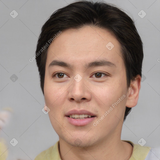 Joyful asian young-adult male with short  brown hair and brown eyes