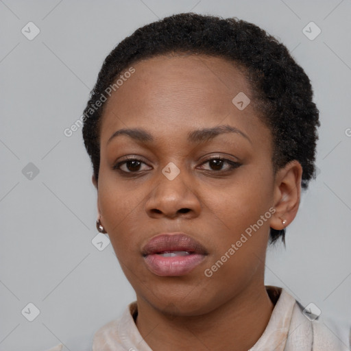 Neutral black young-adult female with short  black hair and brown eyes