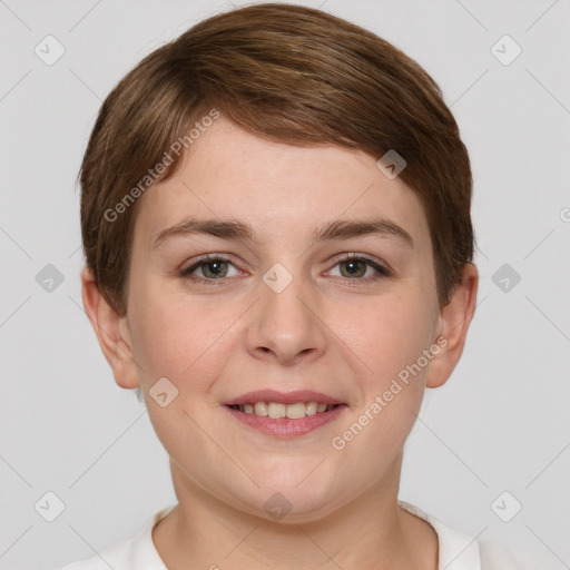 Joyful white young-adult female with short  brown hair and grey eyes