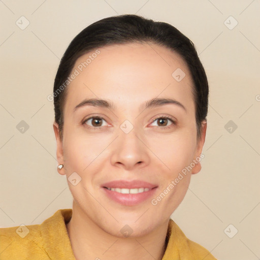 Joyful white young-adult female with short  brown hair and brown eyes