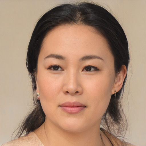 Neutral asian young-adult female with medium  brown hair and brown eyes