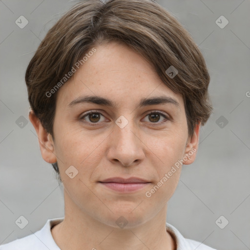 Joyful white young-adult female with short  brown hair and grey eyes