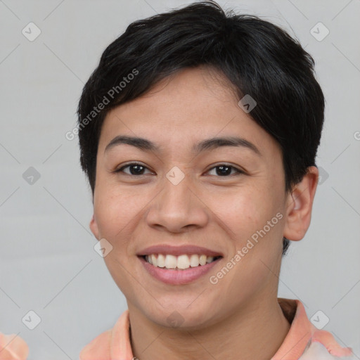 Joyful asian young-adult female with short  brown hair and brown eyes