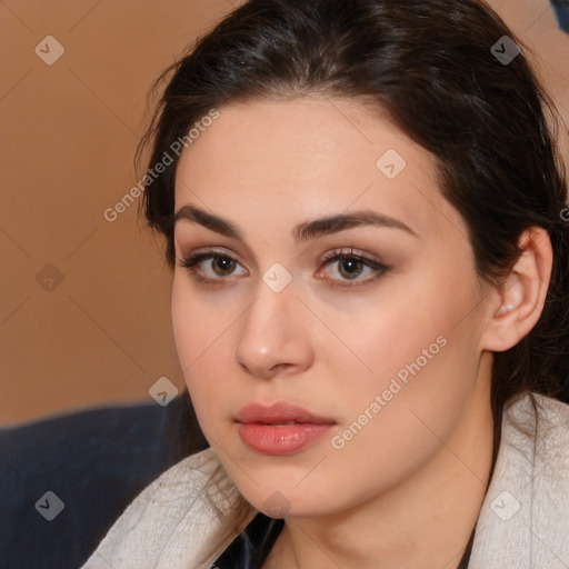 Neutral white young-adult female with medium  brown hair and brown eyes