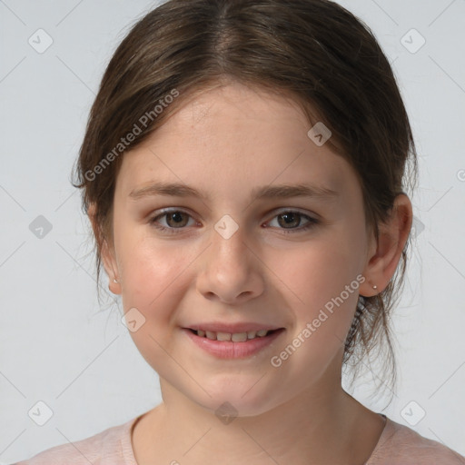 Joyful white child female with medium  brown hair and brown eyes