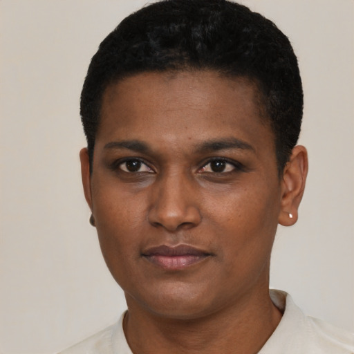 Neutral black young-adult male with short  black hair and brown eyes