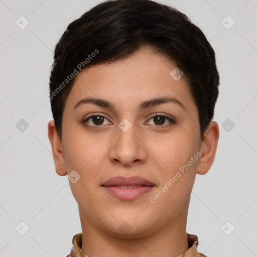 Joyful white young-adult female with short  brown hair and brown eyes