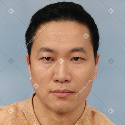 Neutral asian young-adult male with short  black hair and brown eyes