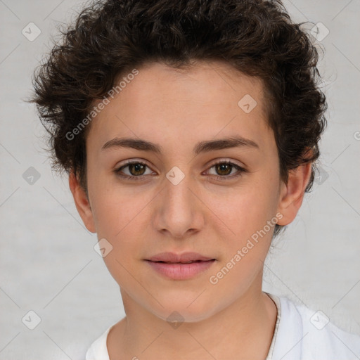 Neutral white young-adult female with short  brown hair and brown eyes