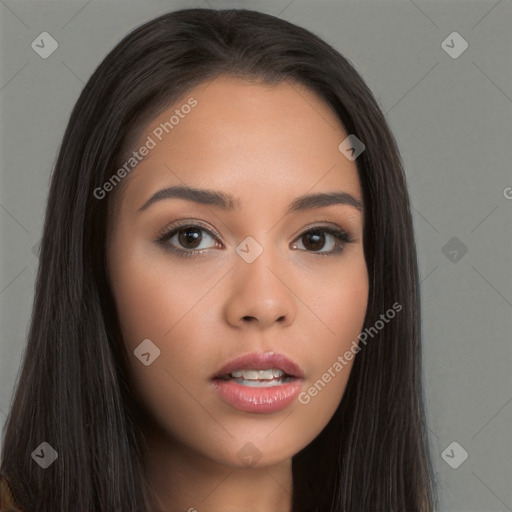 Neutral white young-adult female with long  brown hair and brown eyes