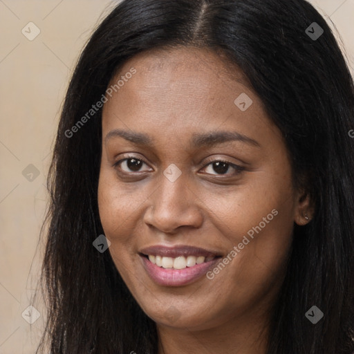 Joyful asian young-adult female with long  brown hair and brown eyes