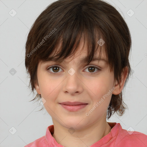 Joyful white child female with medium  brown hair and brown eyes