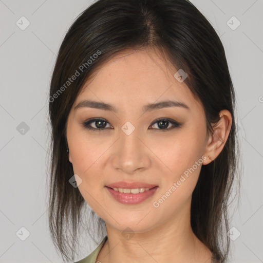 Joyful white young-adult female with medium  brown hair and brown eyes