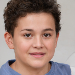 Joyful white child female with short  brown hair and brown eyes