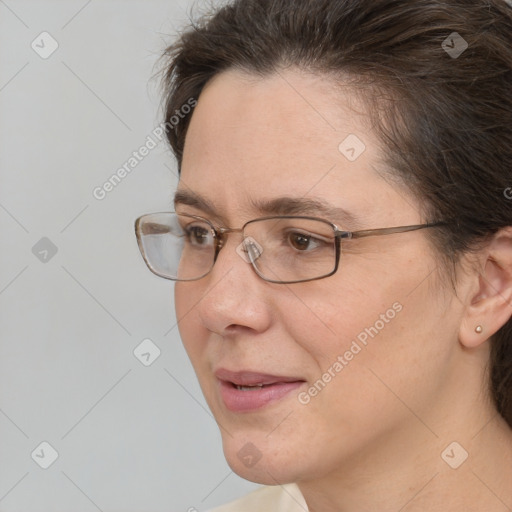 Neutral white adult female with short  brown hair and brown eyes