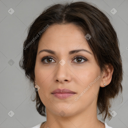 Neutral white young-adult female with medium  brown hair and brown eyes