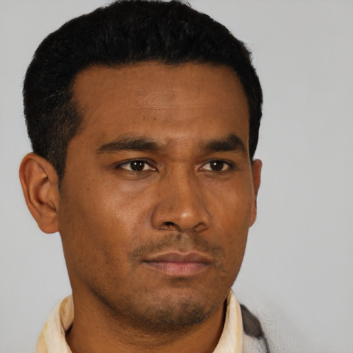 Neutral latino young-adult male with short  black hair and brown eyes
